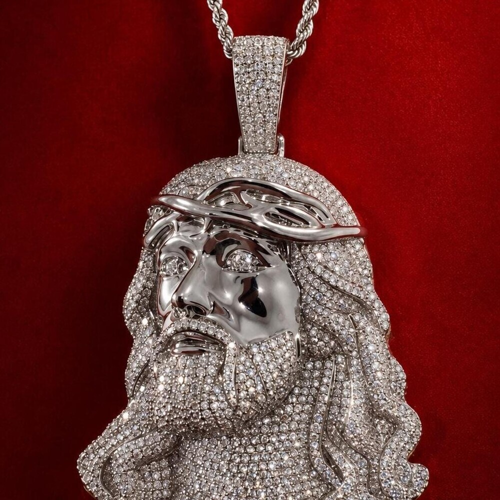 Iced Out Jesus Piece Pendant, Silver Rope Chain, CZ Hip Hop Necklace - Picture 3 of 9